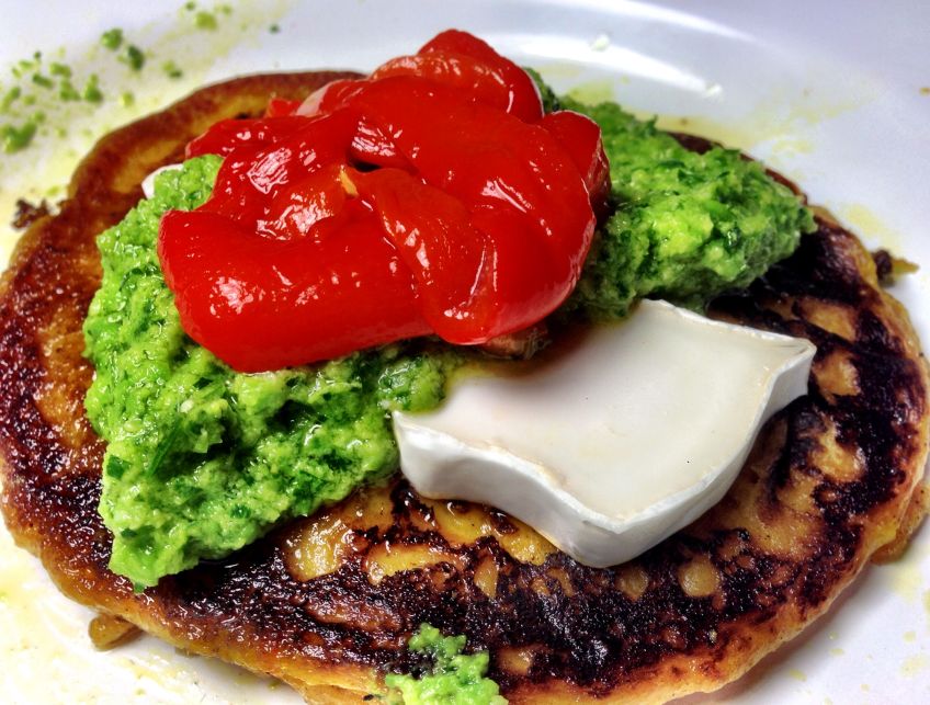 Sweet Potato Pancakes with Pea Pesto
