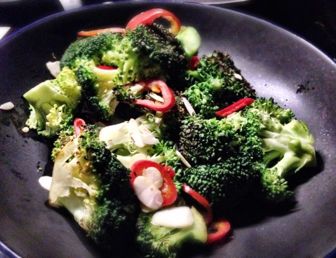 Dry Fried Broccoli with Toasted Almonds and Red Chilli