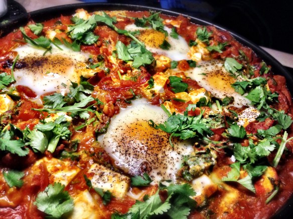 Baked Eggs with Harissa, Tomato Sauce and Coriander